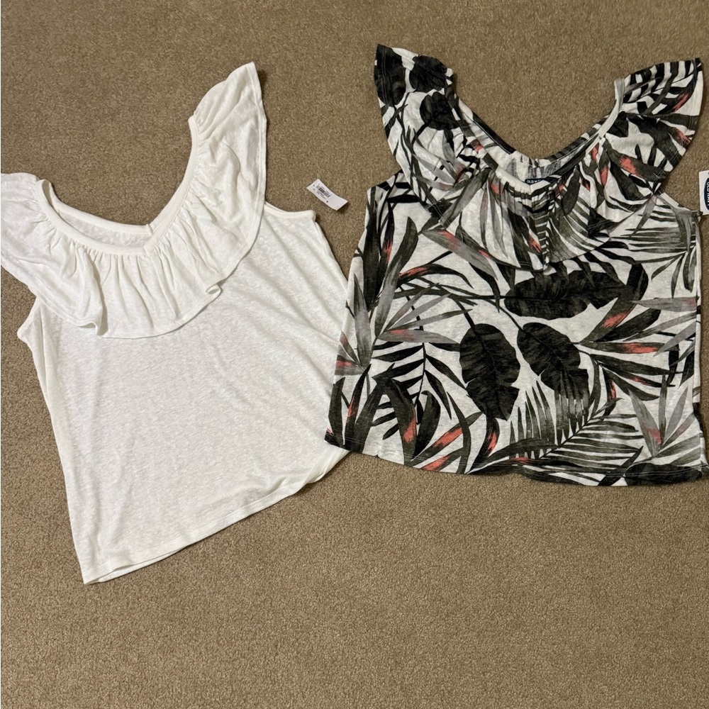 Old Navy White and White with Tropical Leaves Ruffled Tops